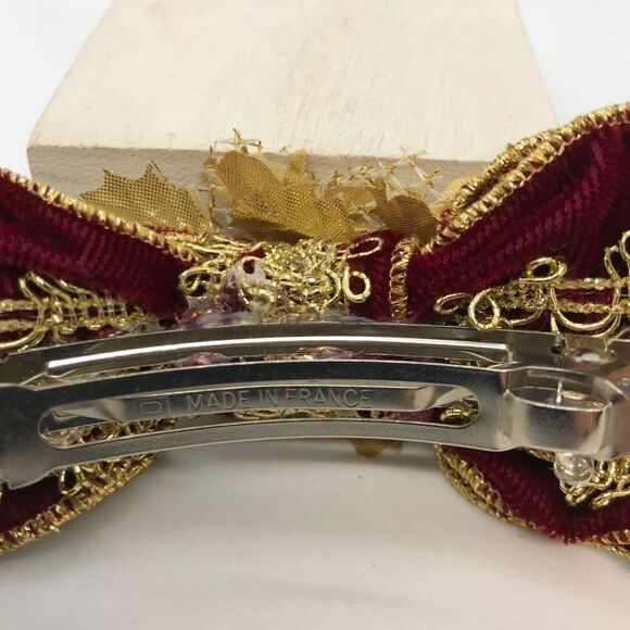 Velveteen Bow Barrette Gold Burgundy Vintage 1980s main image 9